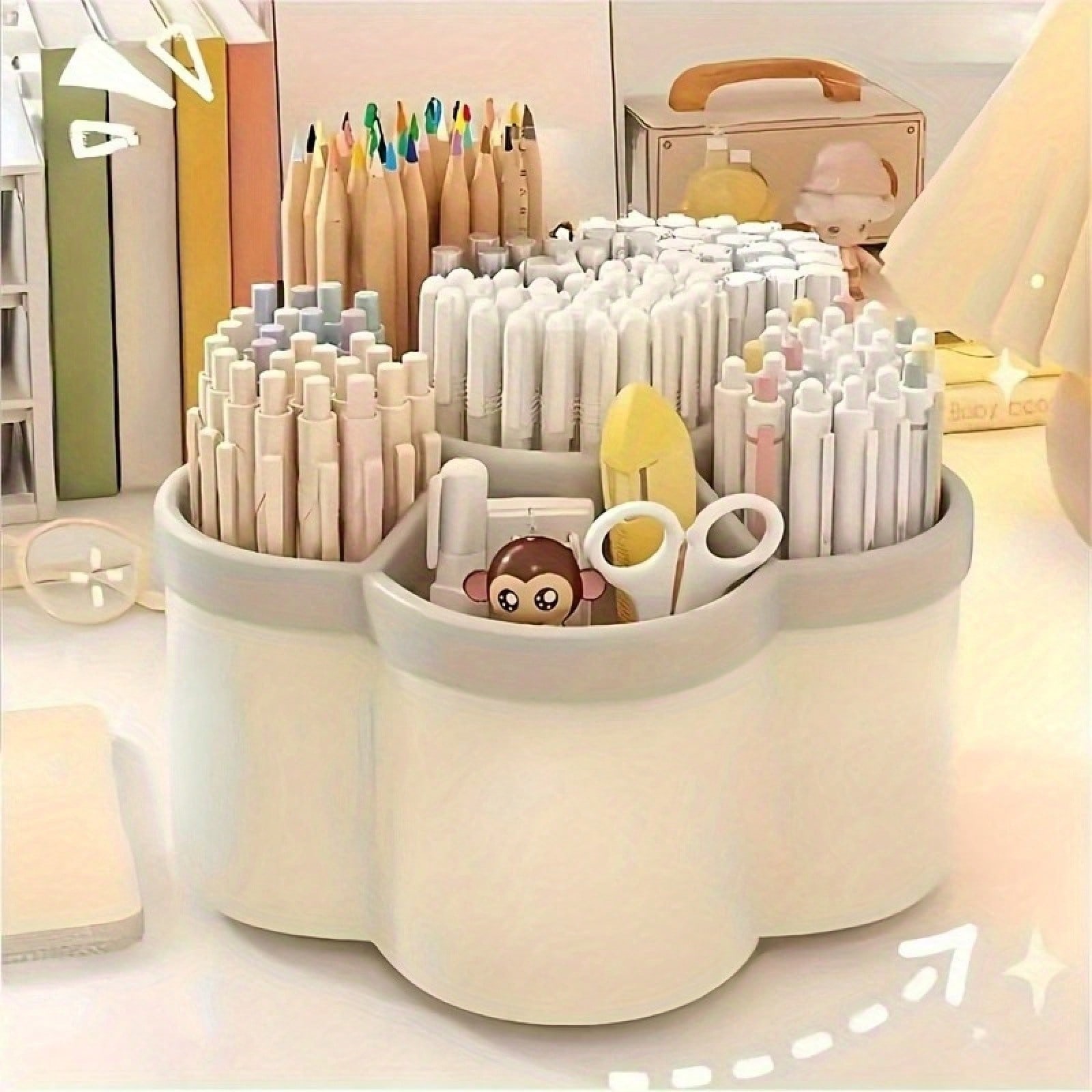 Ideal Stationery & Office Supply - 360度回転式の卓上収納ボックス。メイクブラシとペン立ての組み合わせで、卓上収納棚として使用可能。化粧品、文房具、工具、アクセサリーの収納に最適。学生が学校に持ち帰る文具の収納に理想的な選択肢。ss260501015701443257451