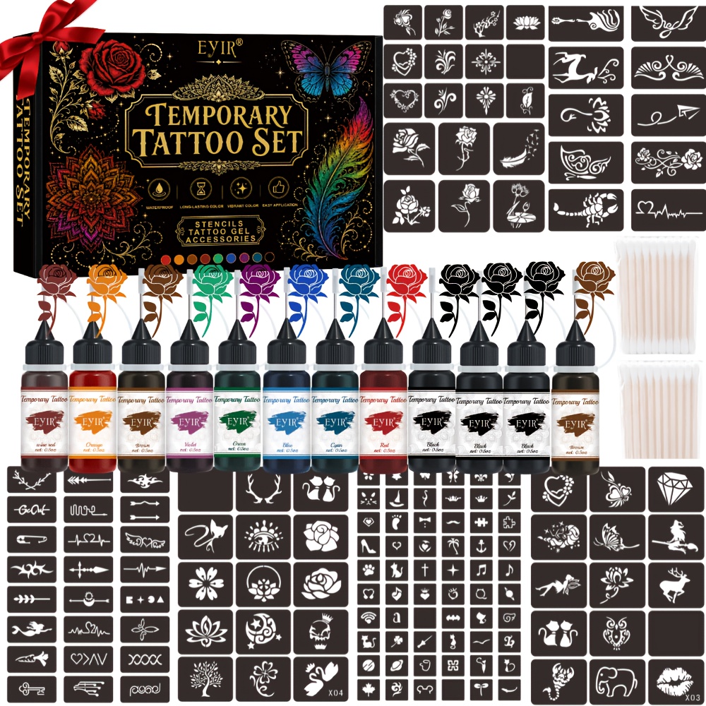Gel Ink Pen Set - 12色の一時的なタトゥージェル、ヘナタトゥーキット、ステンシル付き、防水DIYボディアートインク、ギフトボックスセット、パーティー・フェスティバル用