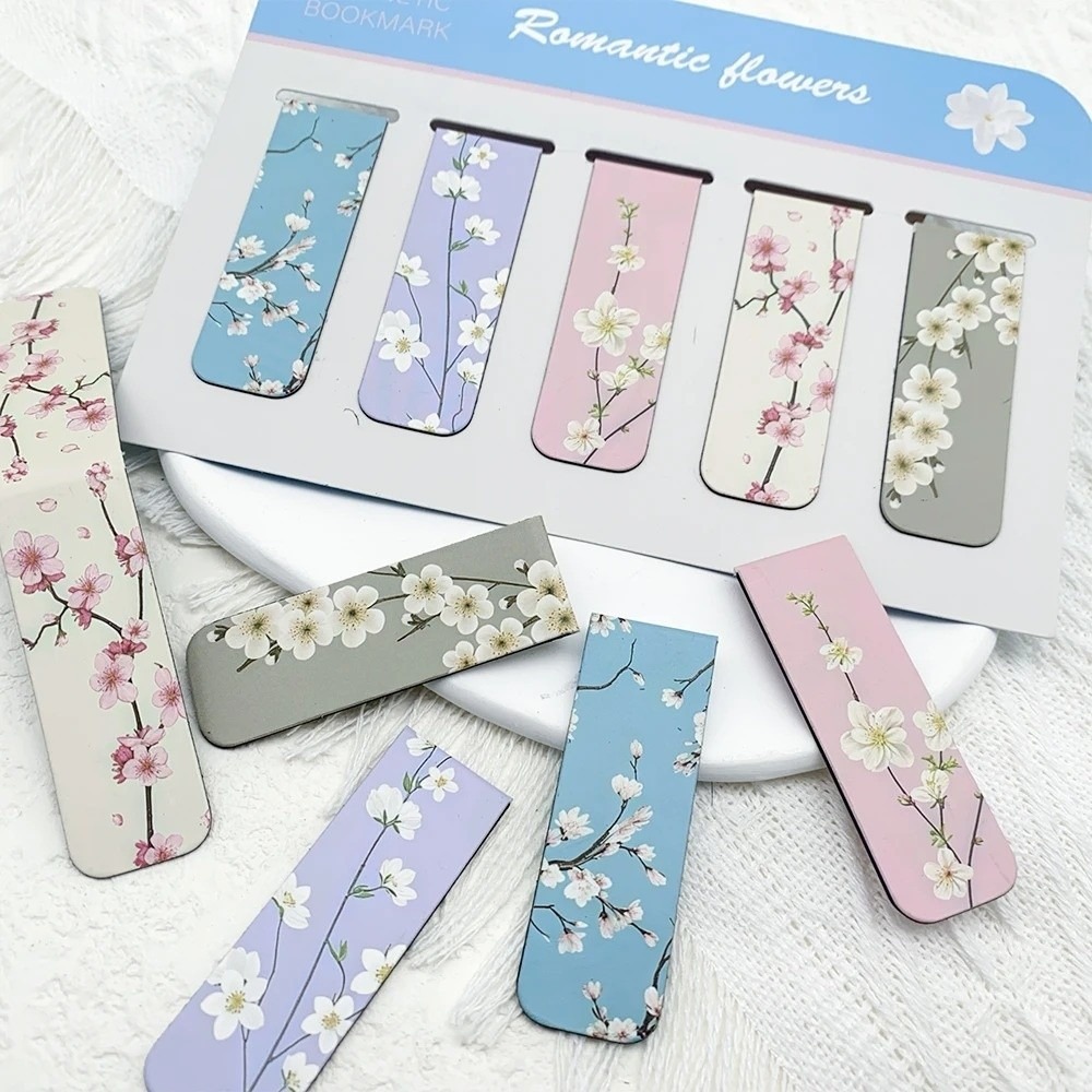 Bookmark Magnetic Clip - 5 ピース/セット水彩デザイン磁気ブックマークセット花柄日没空雲注釈付きブックマーク聖書の引用