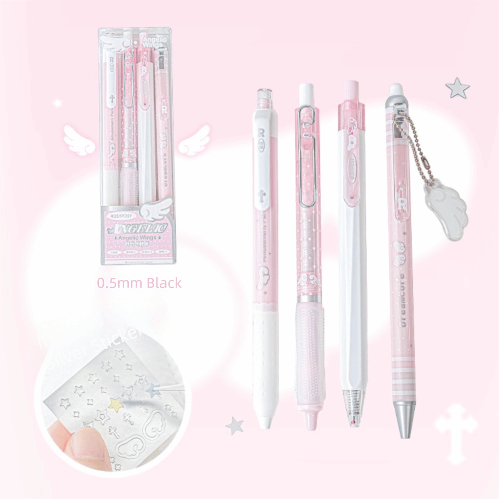 Gel Ink Pen Set - 新高品質4本セット 0.5mm パールエンジェルジェルペンセット ソフトコンフォートグリップ ウィングデザイン ブラックインク
